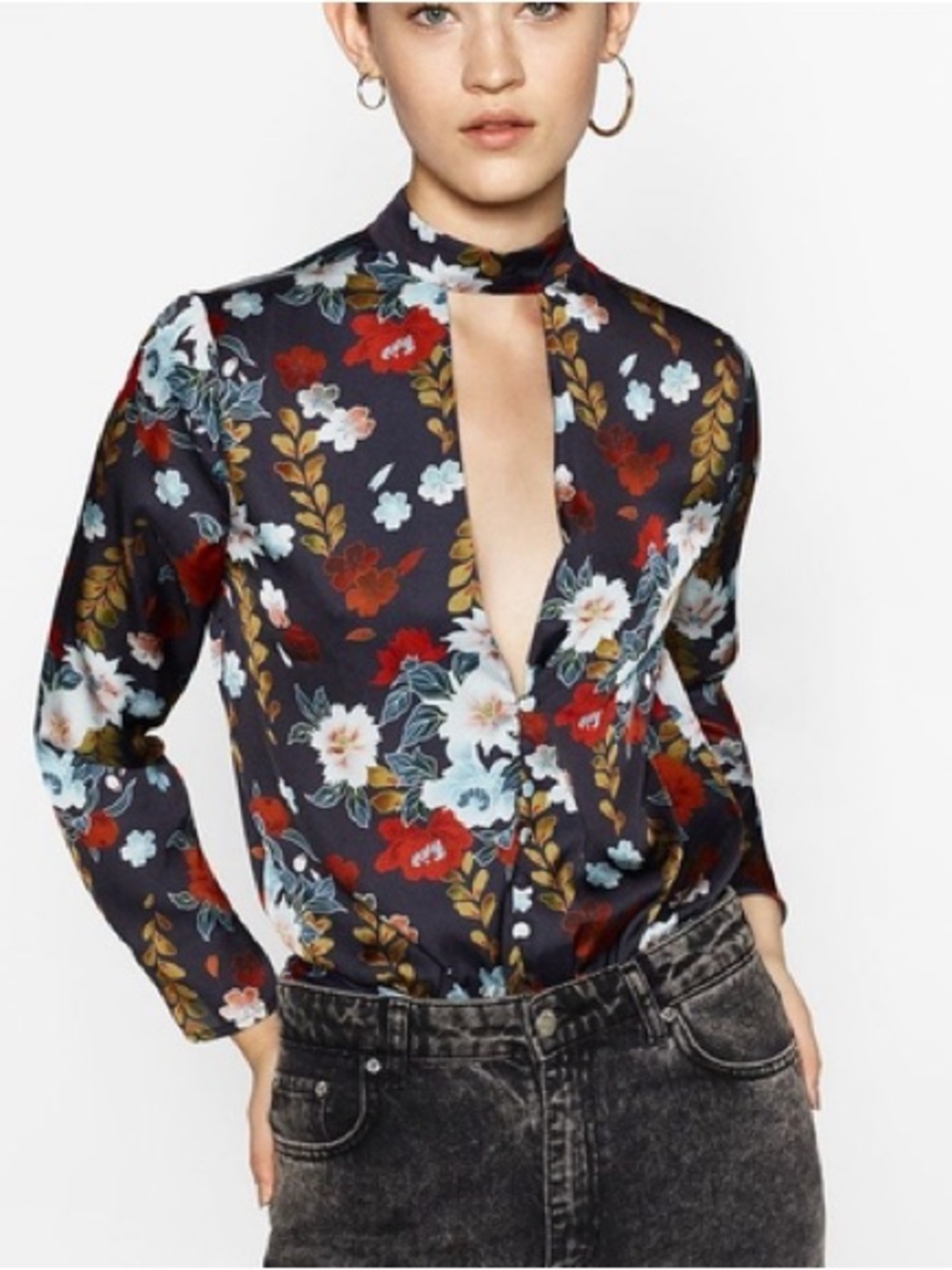 Zara Floral Plunge Neck Long-Sleeve Top Bodysuit - Navy Floral